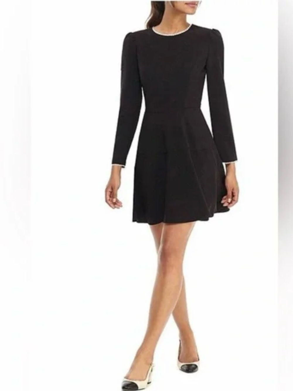 Gal Meets Glam Little Black Dress Long Sleeve Fit & Flare Pearl Trim Classic 20